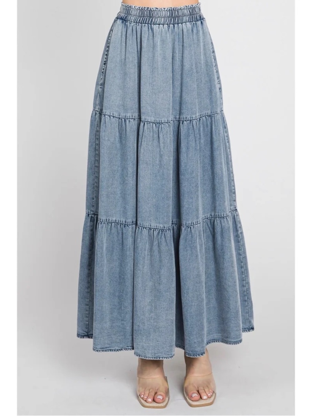 INC International Concepts Light Blue Denim Chambray Tiered Maxi Skirt Size XS